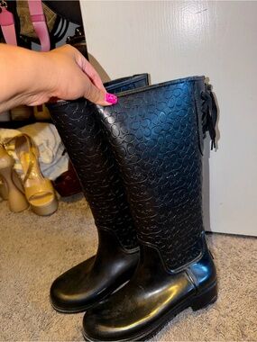 Coach Black Embossed Rain Boots with Lace Detail